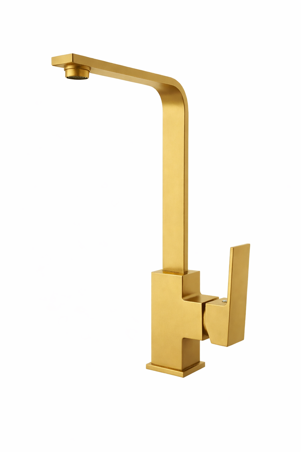 Modern brushed gold square kitchen faucet with high arc swivel spout and single lever handle.