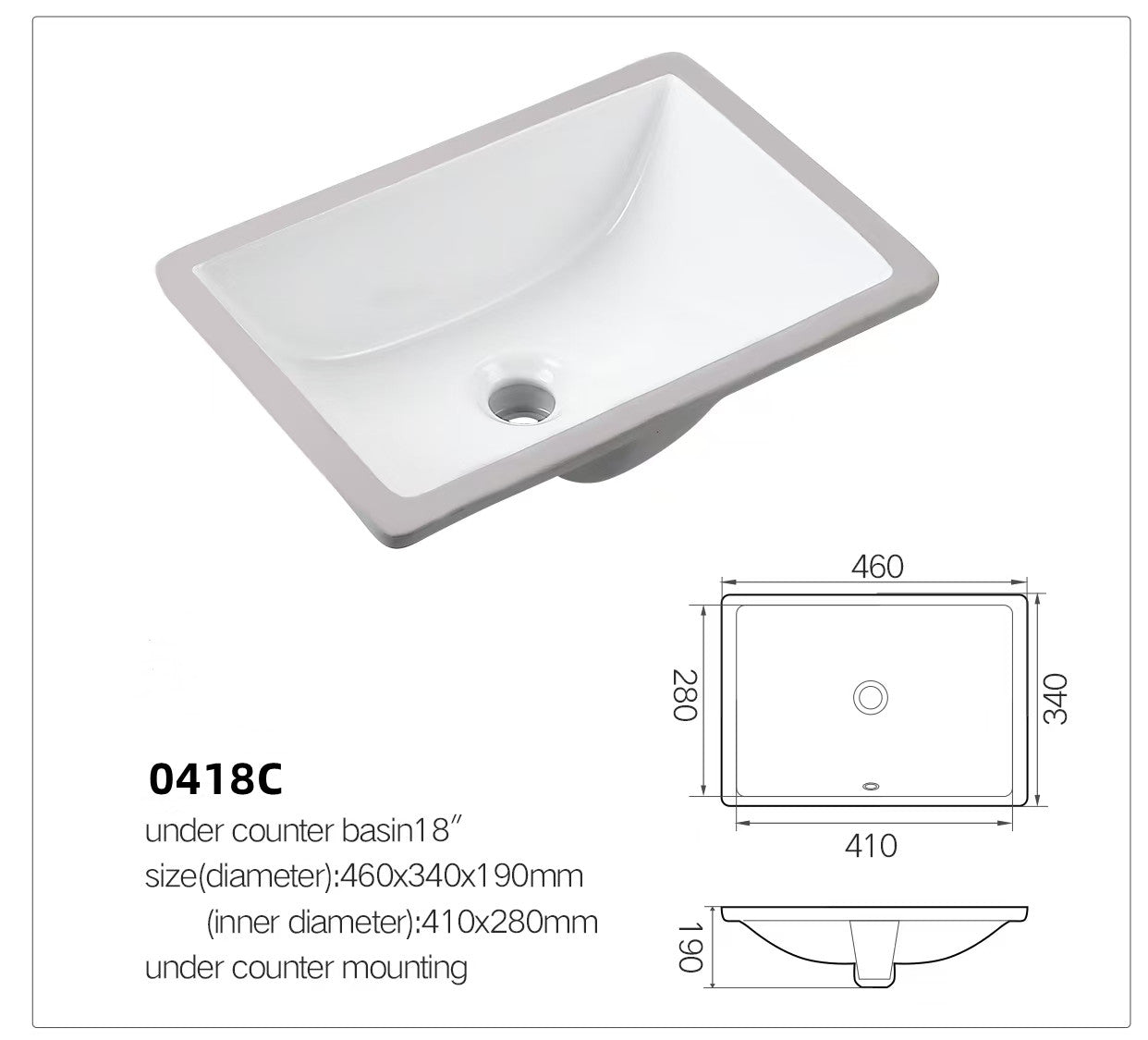 White rectangular under-counter bathroom basin sink, model 0418C, with 18-inch mounting dimensions.