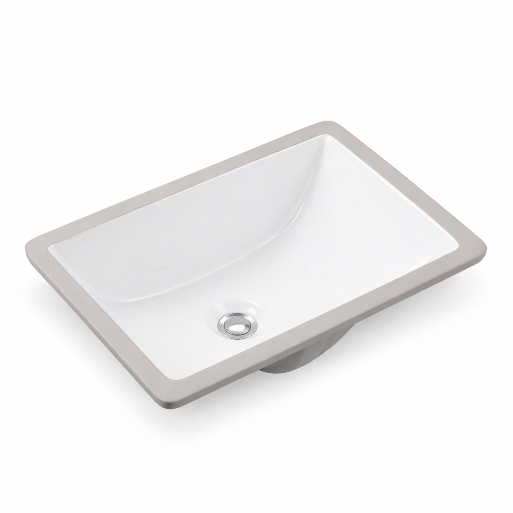Rectangular white ceramic undermount bathroom sink with a smooth basin and central drain hole for modern vanities.
