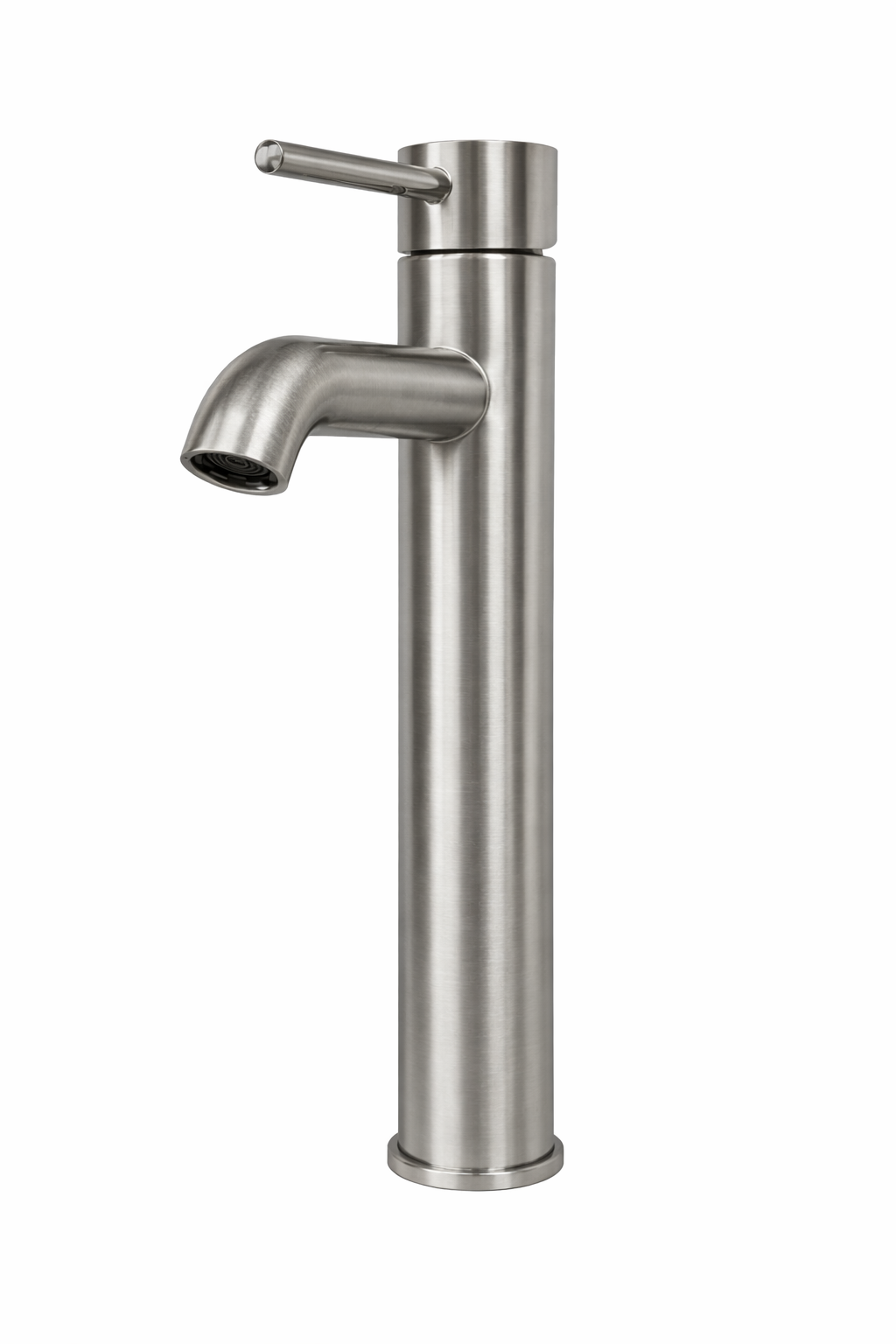 Tall brushed nickel single-handle vessel sink faucet with a modern cylindrical design.