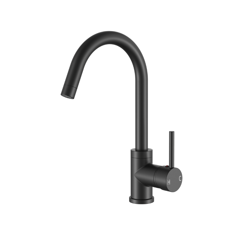Matte black gooseneck kitchen faucet with single lever handle and hot/cold indicators.