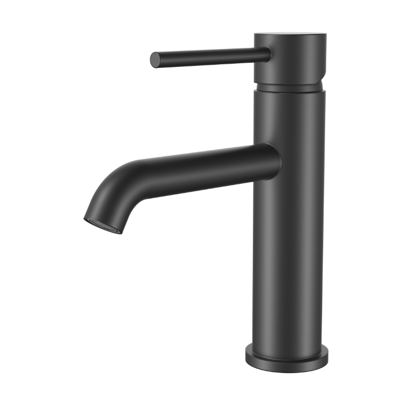 Modern matte black single-handle bathroom faucet with a sleek cylindrical design and lever handle.
