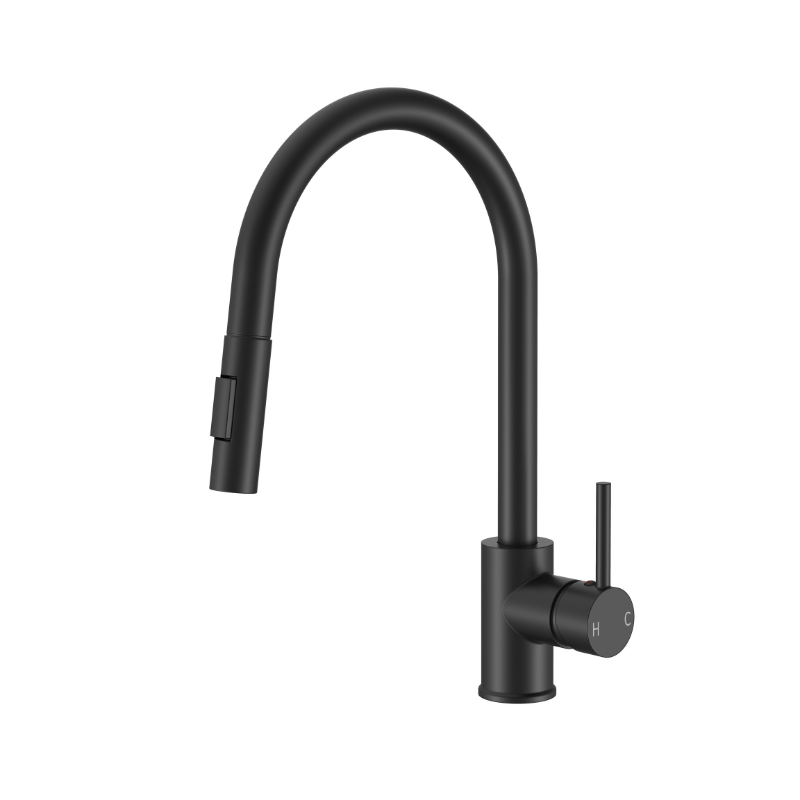 Modern matte black high-arc kitchen faucet with a pull-down sprayer and single-lever handle.