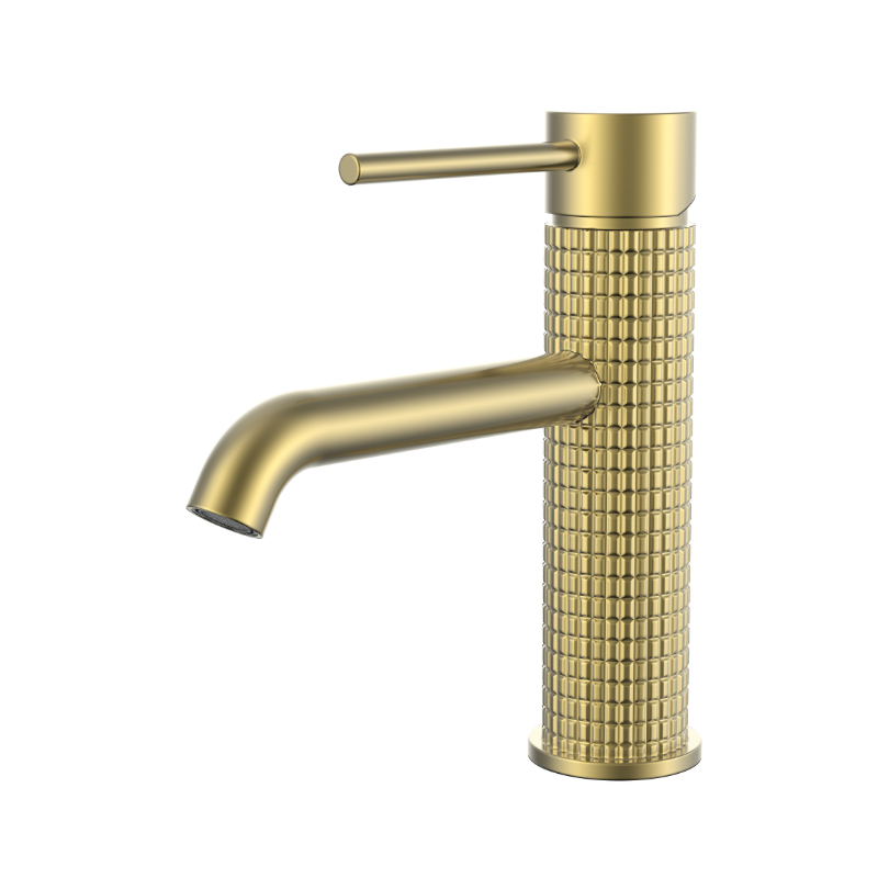 Brushed gold single handle bathroom faucet with a modern textured knurled body.