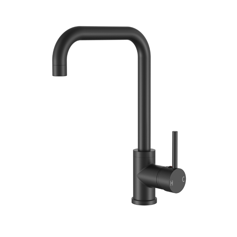Matte black high-arch square gooseneck kitchen faucet with single-handle control and hot/cold indicators.
