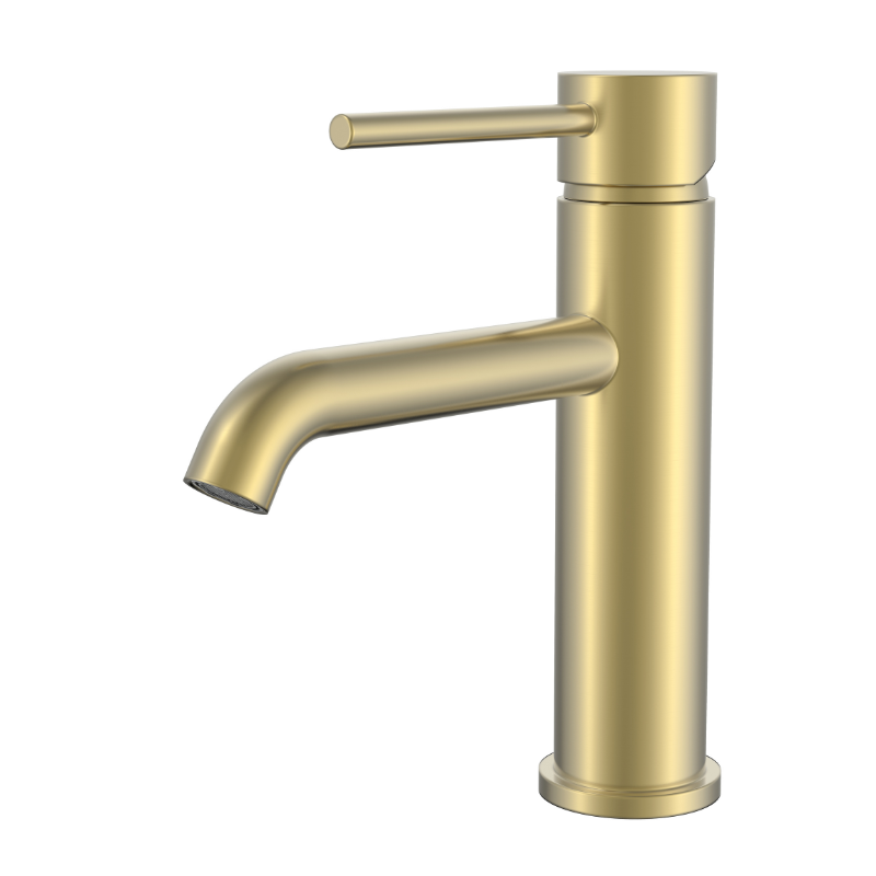 Modern brushed gold single-handle bathroom faucet with curved spout and lever handle for vanity sinks.