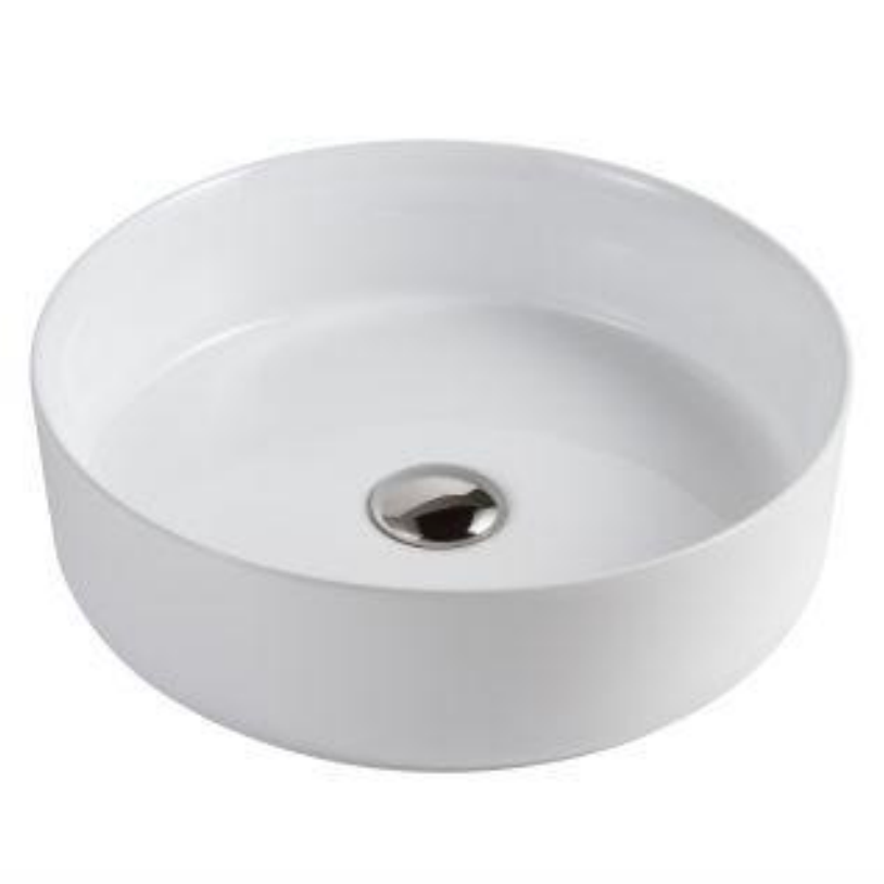 Modern white ceramic round vessel sink for bathroom countertop with chrome drain.