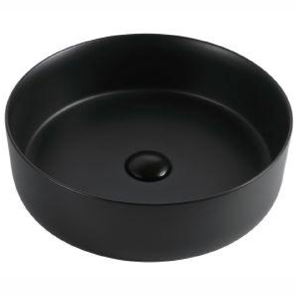 Matte black round ceramic vessel sink for modern bathroom countertop installation.