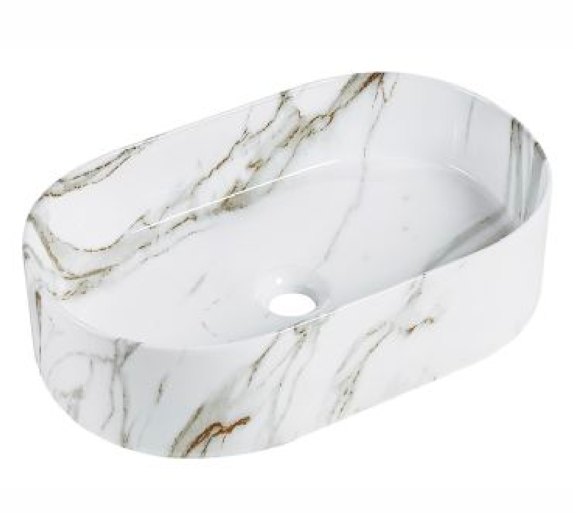 Modern oval white marble vessel sink with grey veining for bathroom vanity countertop.