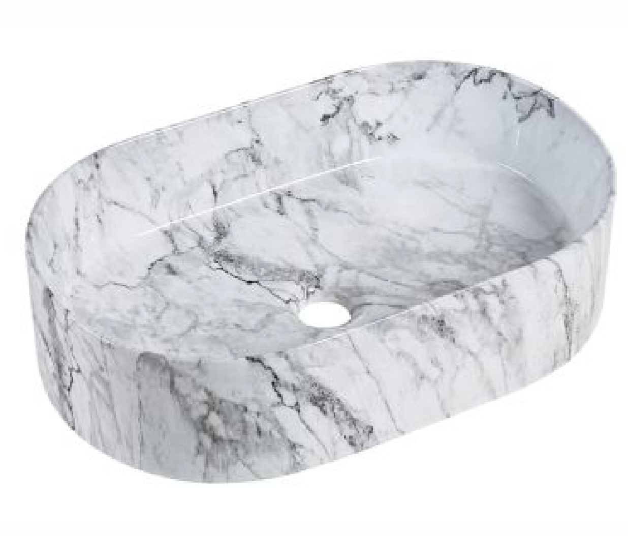 Modern oval white and grey marble vessel sink for bathroom countertop installation.