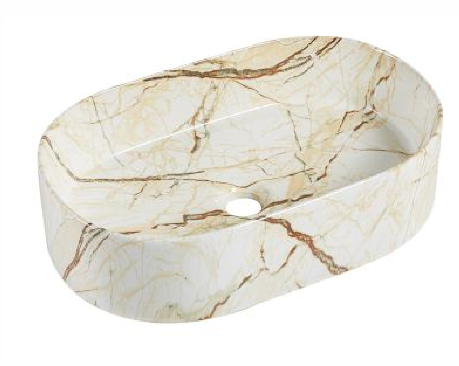 Modern oval cream marble pattern vessel sink with brown veining for bathroom countertop vanity.