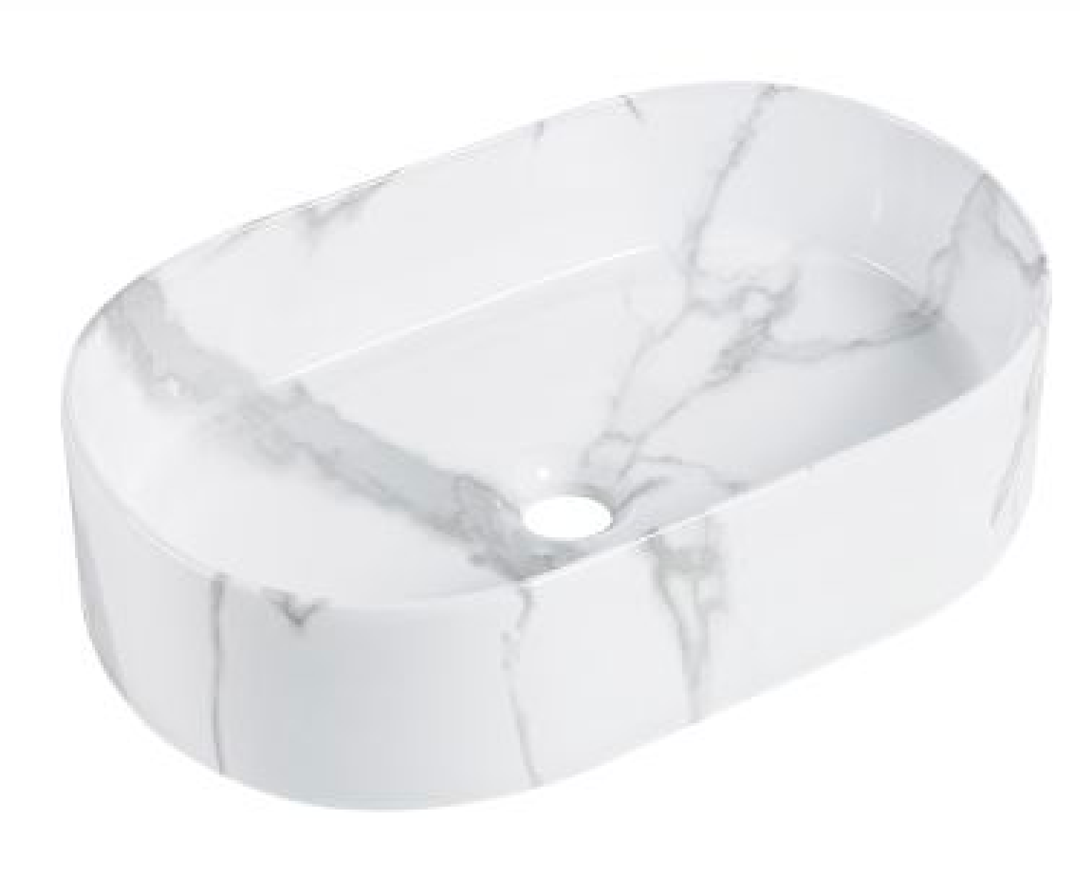 Modern oval white marble vessel bathroom sink with grey veining.