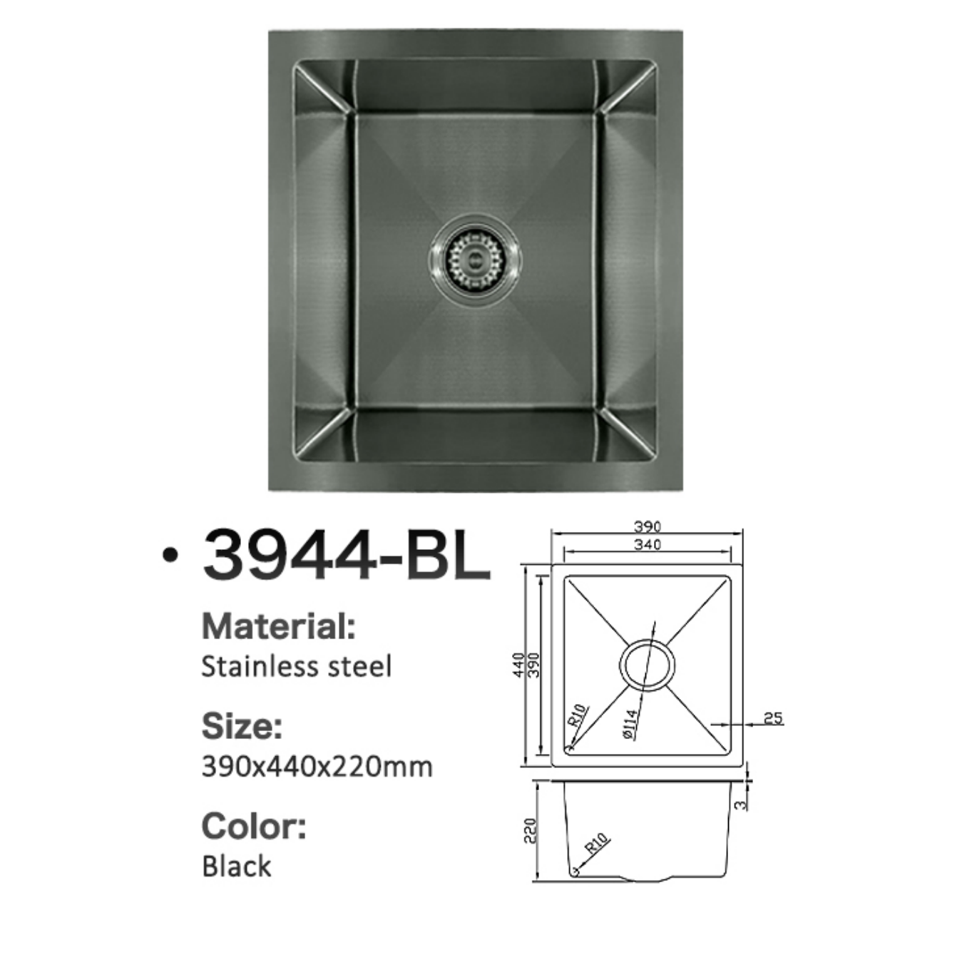 Black stainless steel square kitchen sink 3944-BL, 390x440x220mm, with technical dimension diagrams.