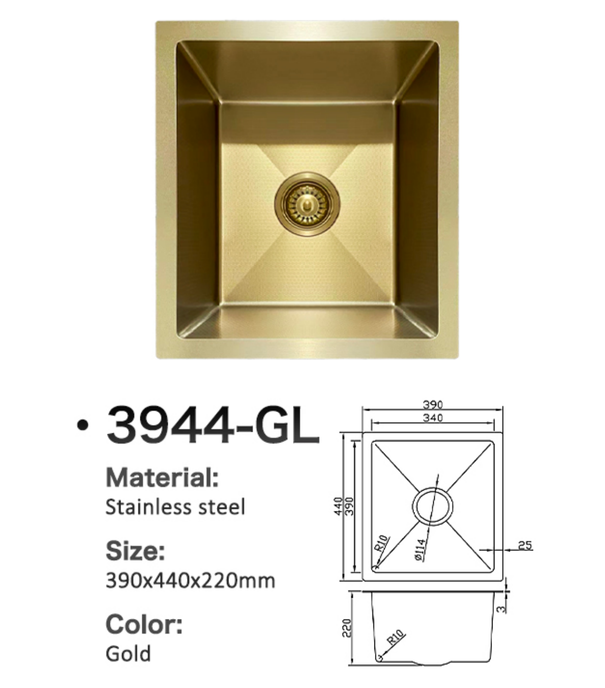 3944-GL Gold Stainless Steel Single Bowl Kitchen Sink, 390x440mm, with dimensioned technical drawing.