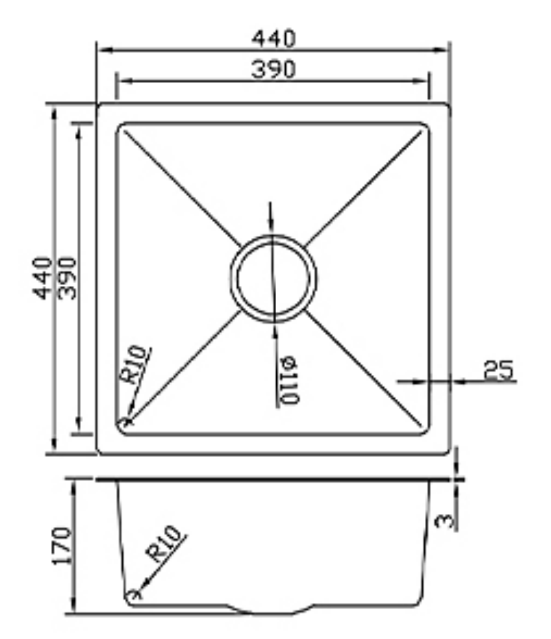 Technical schematic for a square single bowl kitchen sink with dimensions 440x440x170mm and R10 corners.