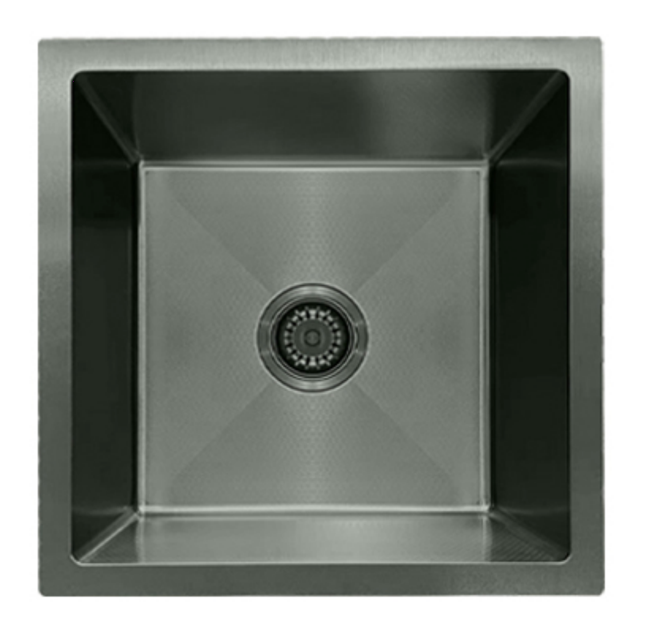 Square brushed stainless steel single bowl undermount kitchen sink with modern zero-radius corners and center drain.
