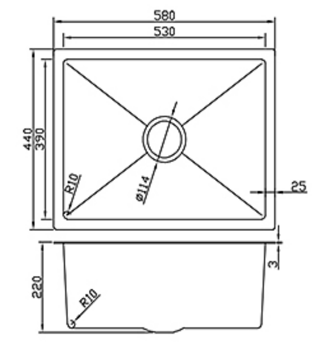 Technical drawing of a 580x440mm rectangular single bowl kitchen sink showing dimensions and drain specifications.