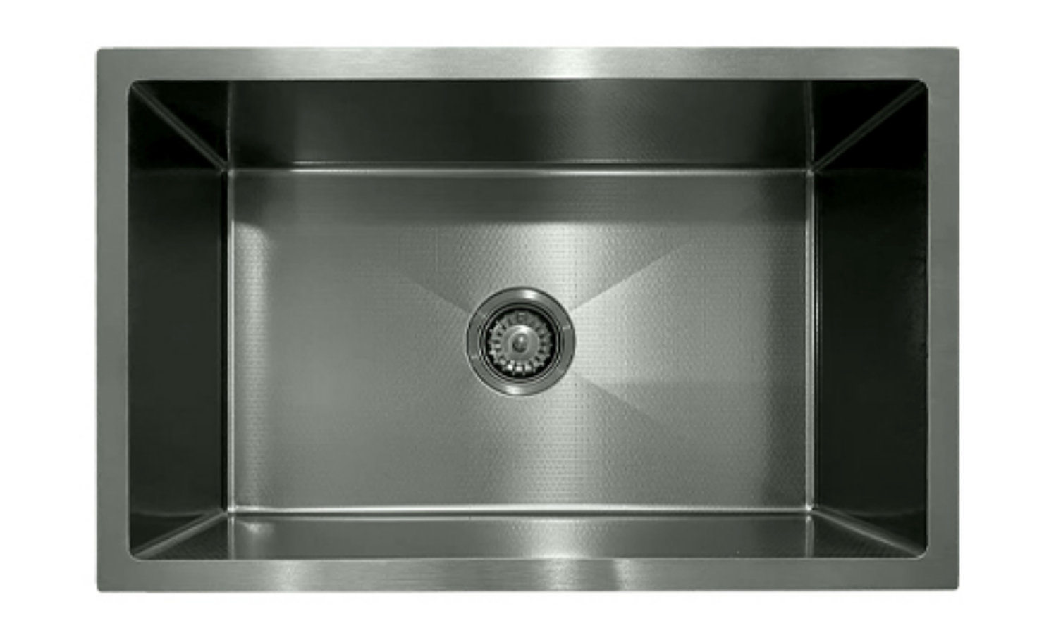 Modern silver stainless steel single bowl kitchen sink with a textured pattern and central drain, top-down view.