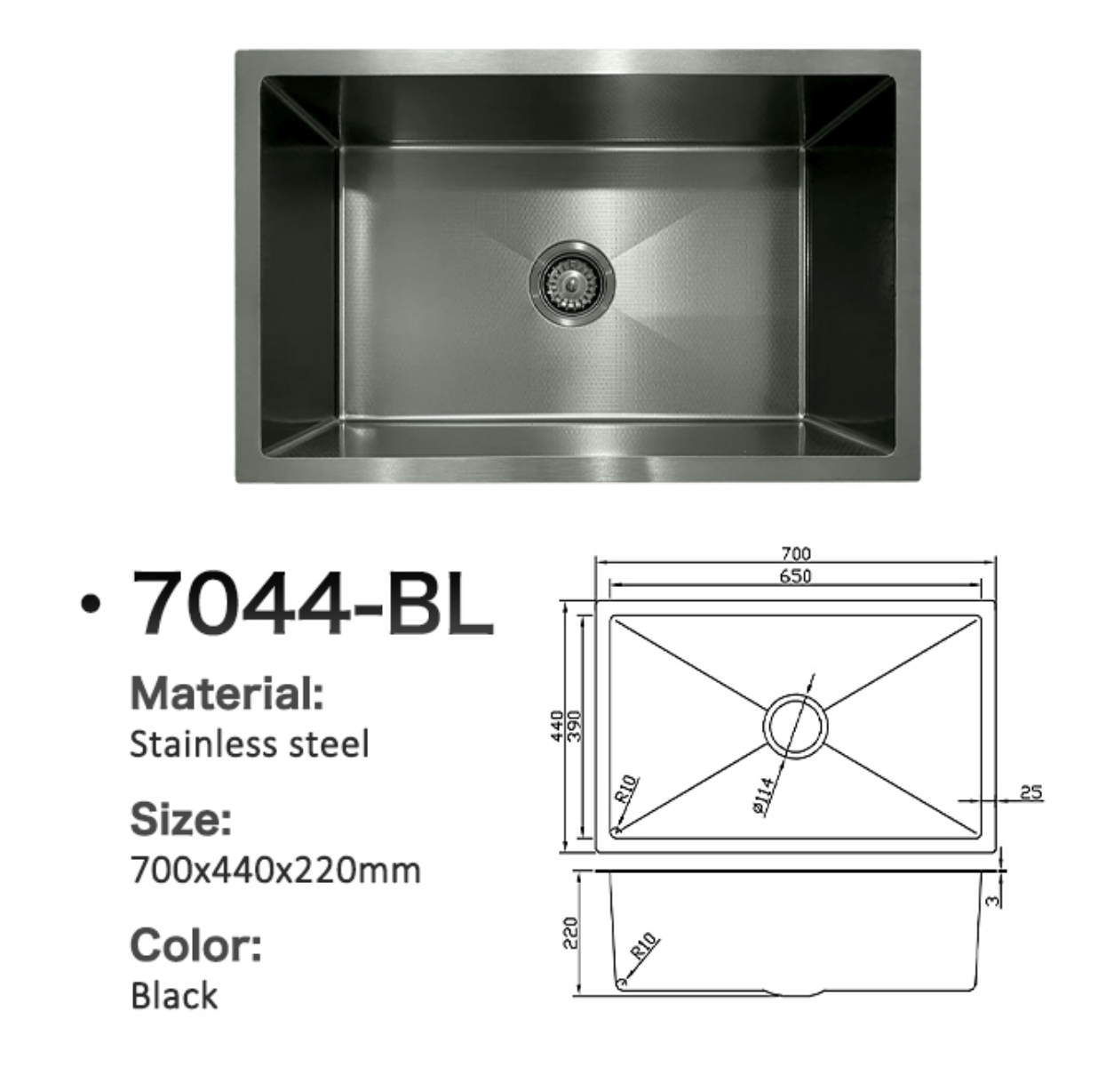 Black stainless steel single bowl kitchen sink 700x440x220mm with technical dimensions diagram.