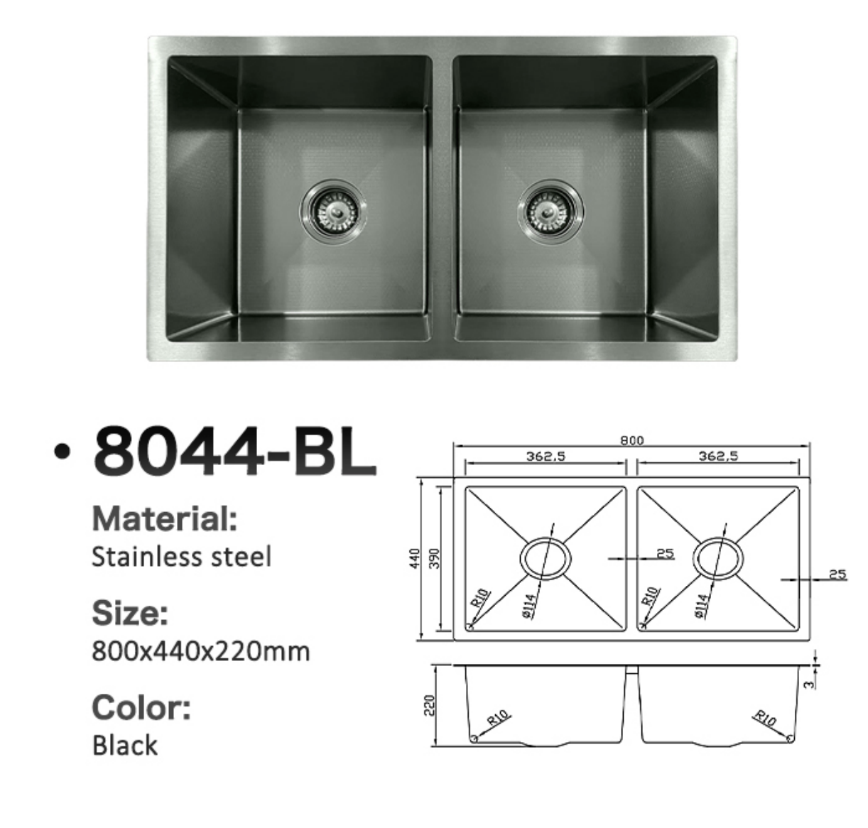 Black stainless steel double bowl kitchen sink 8044-BL with dimensions 800x440x220mm and technical drawings.