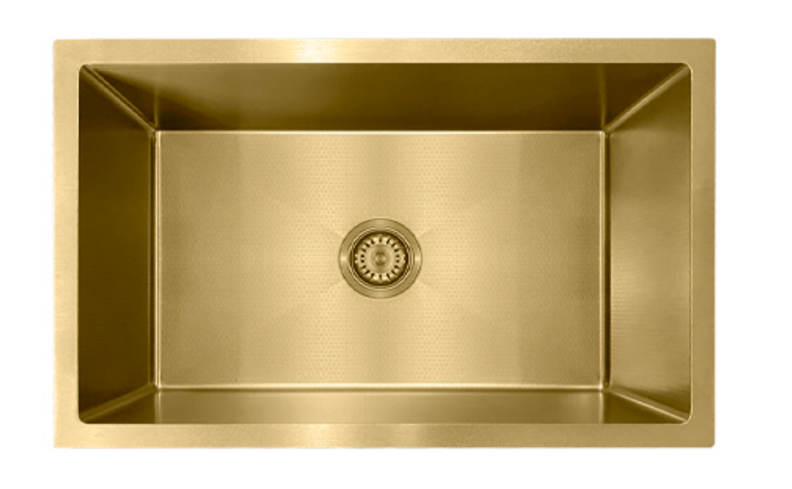 Modern brushed gold rectangular single bowl kitchen sink with central drain, premium stainless steel.