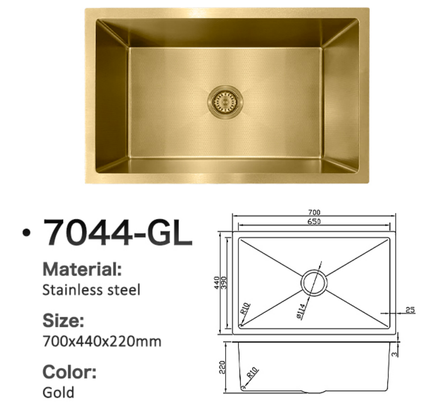 Gold stainless steel single bowl kitchen sink 7044-GL, 700x440x220mm with technical dimension diagram.