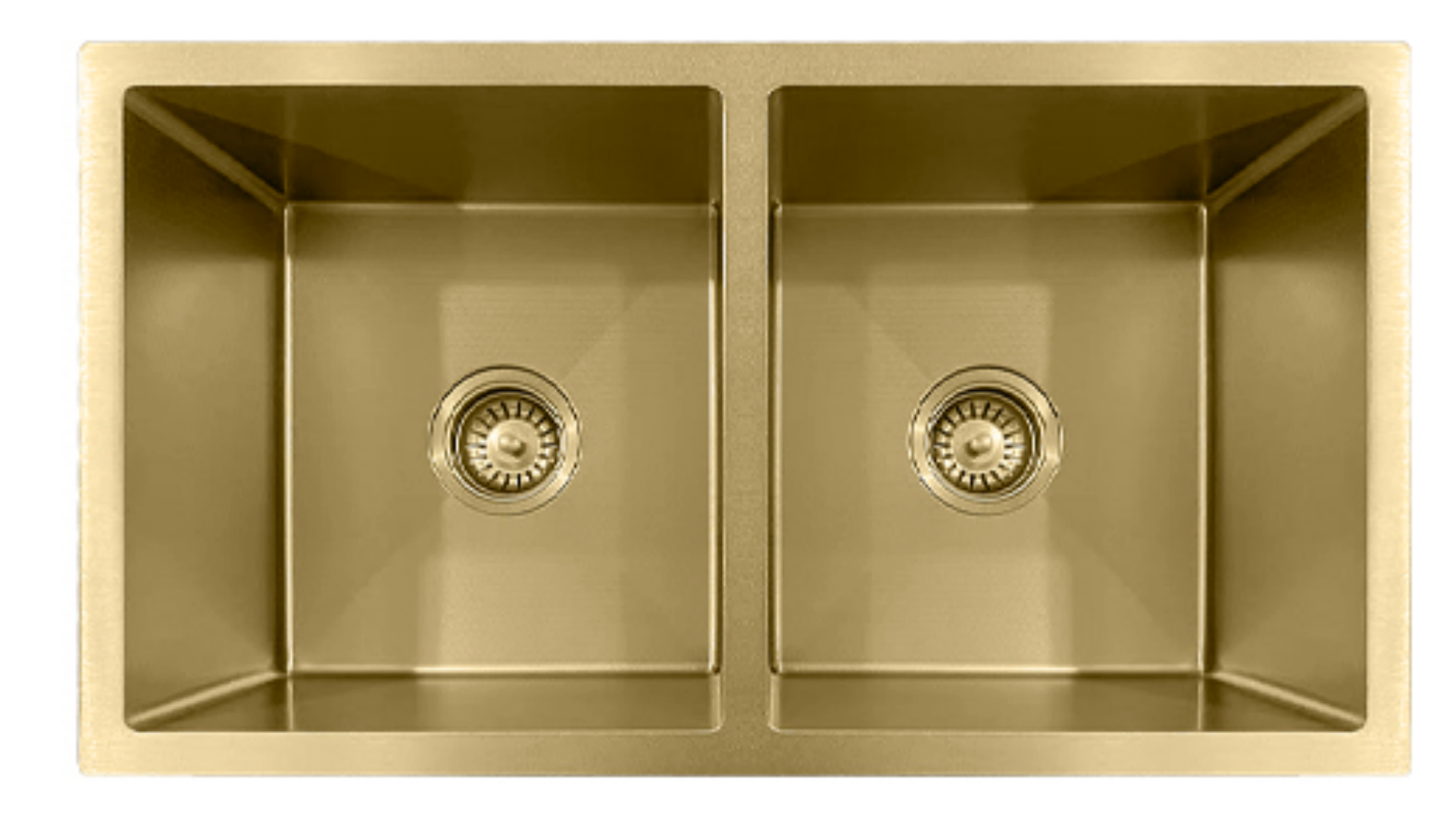 Top-down view of a brushed gold double-bowl undermount kitchen sink with drain strainers.
