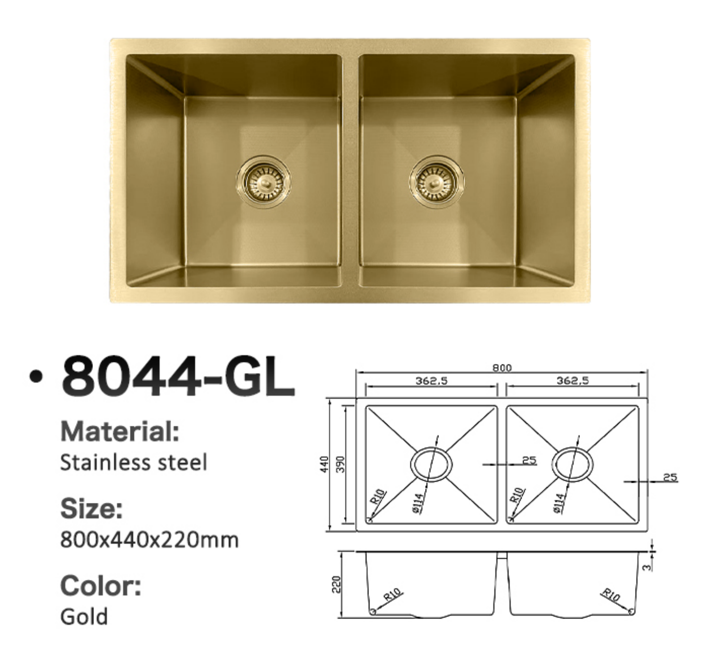 Gold double bowl stainless steel kitchen sink, 8044-GL model, 800x440x220mm with technical drawing.