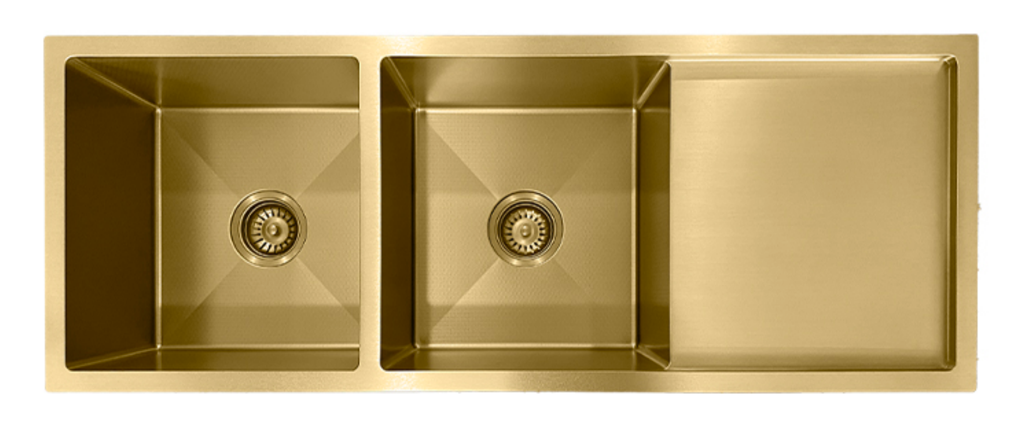 Brushed gold double bowl kitchen sink with integrated side drainboard, modern stainless steel design.