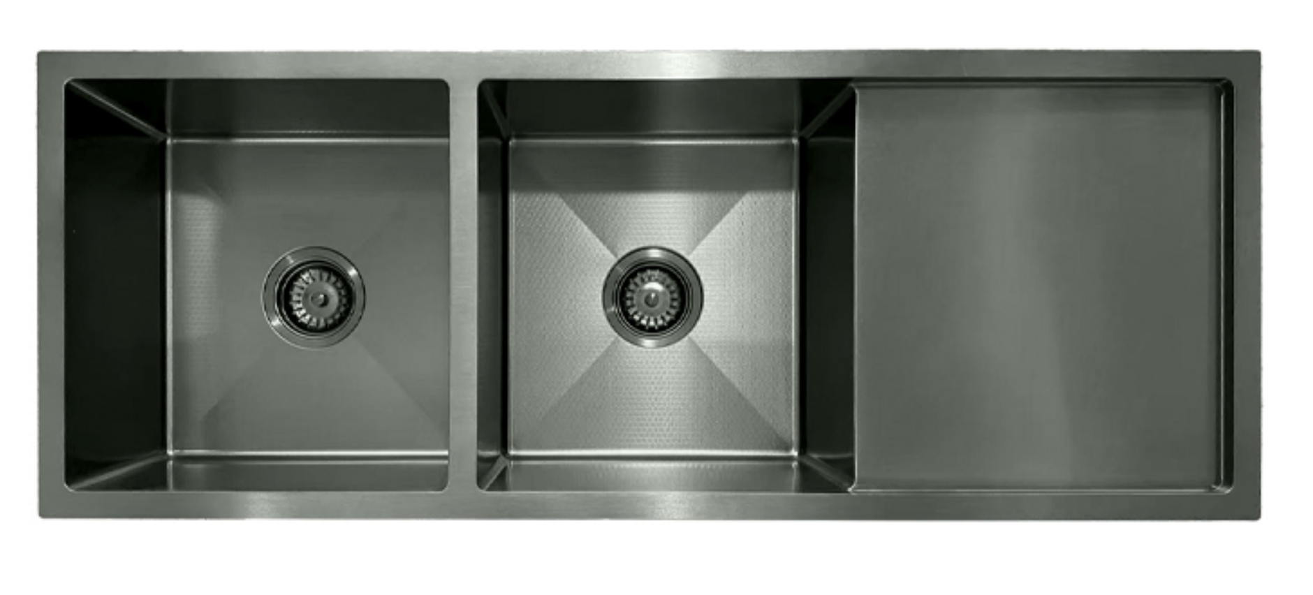 Gunmetal grey double bowl kitchen sink with integrated drainboard and textured stainless steel basins.
