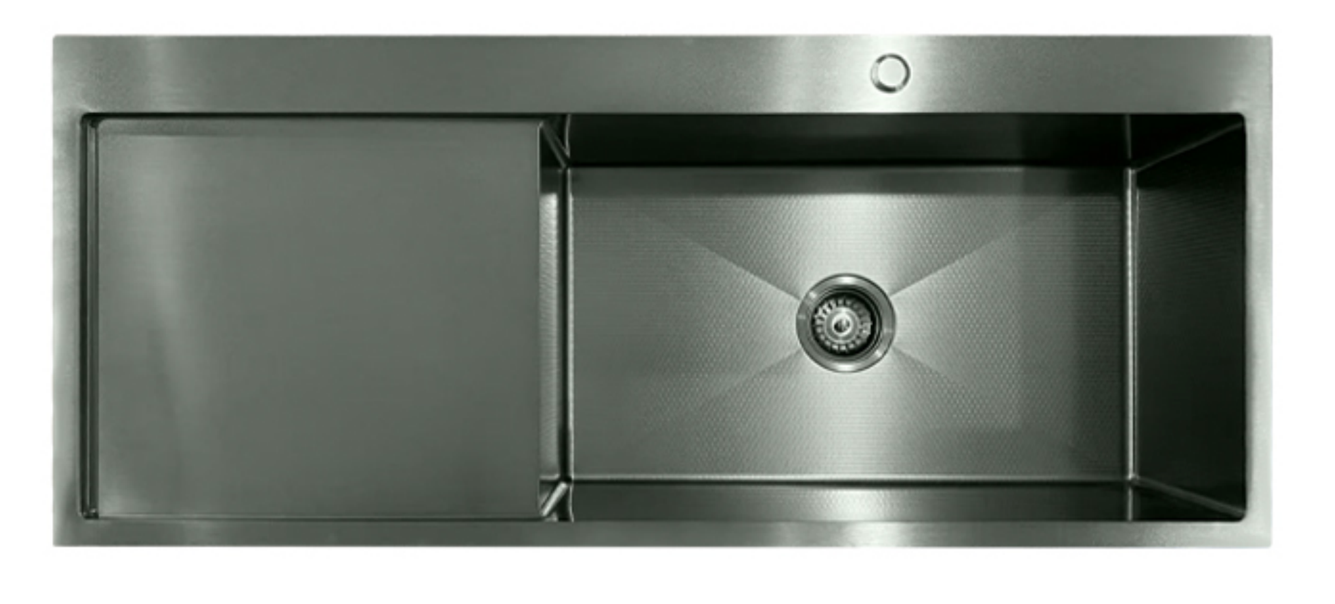 Modern gunmetal grey stainless steel single bowl kitchen sink with integrated drainboard and textured base.