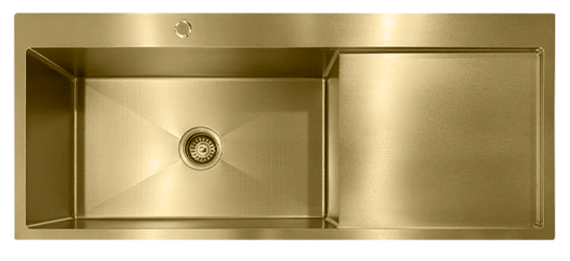 Gold single bowl kitchen sink with integrated drainboard and honeycomb textured base.