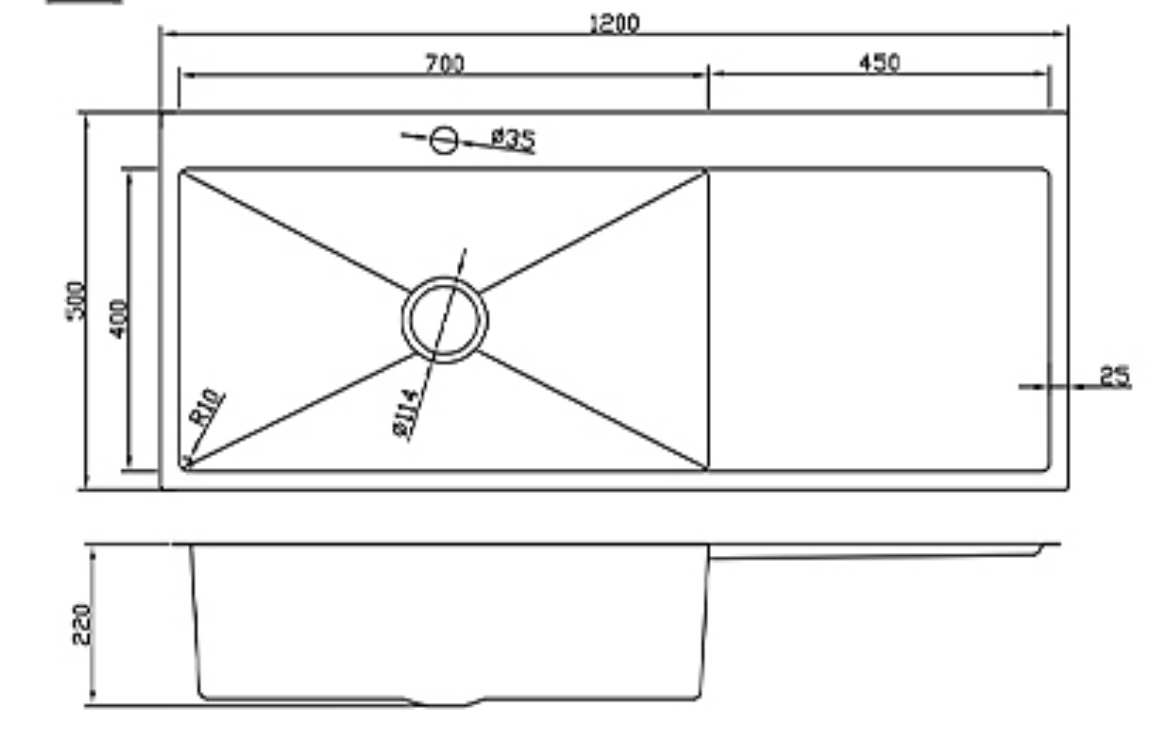 Technical schematic of 1200x500mm single bowl kitchen sink with drainboard, showing installation dimensions.