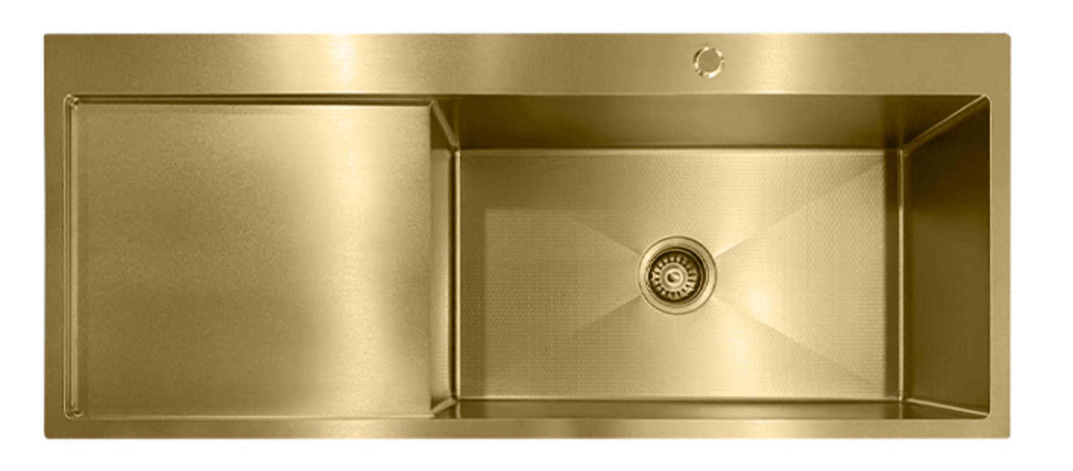 Modern gold single bowl kitchen sink with integrated drainboard and brushed finish, top-down view.