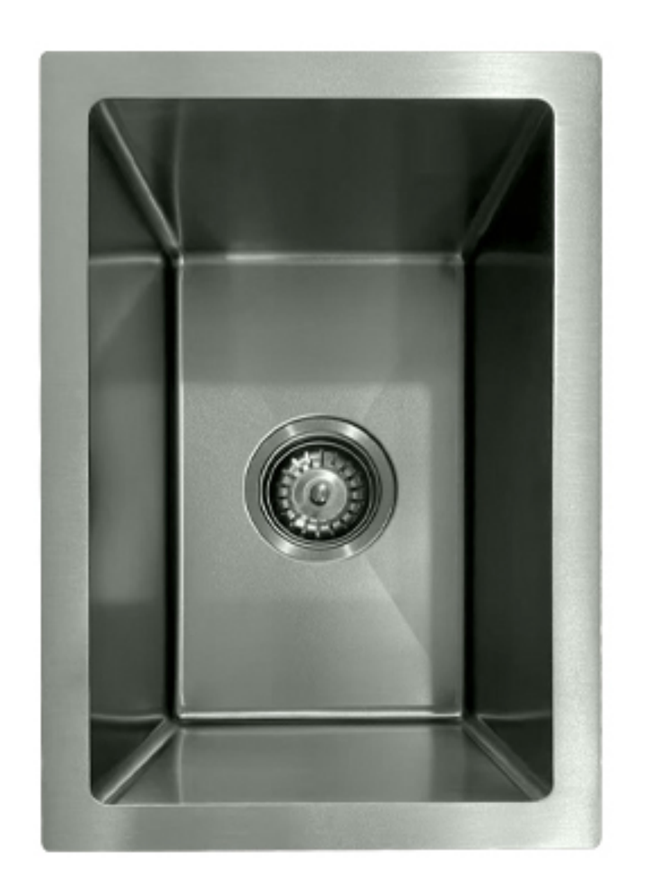 Modern rectangular brushed stainless steel single bowl kitchen sink with center drain.