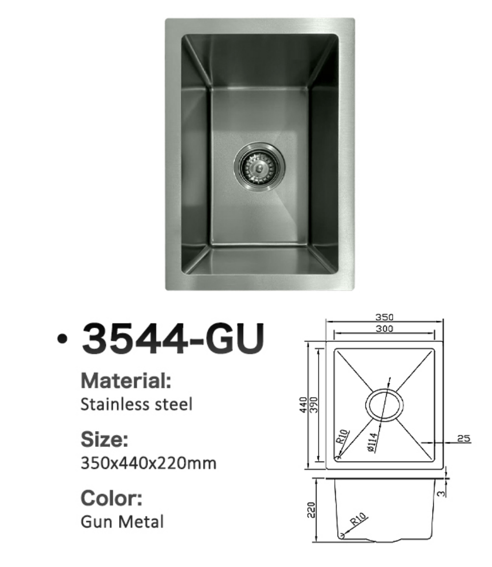 3544-GU Gun Metal stainless steel single bowl sink, 350x440x220mm, with dimensions and technical diagram.