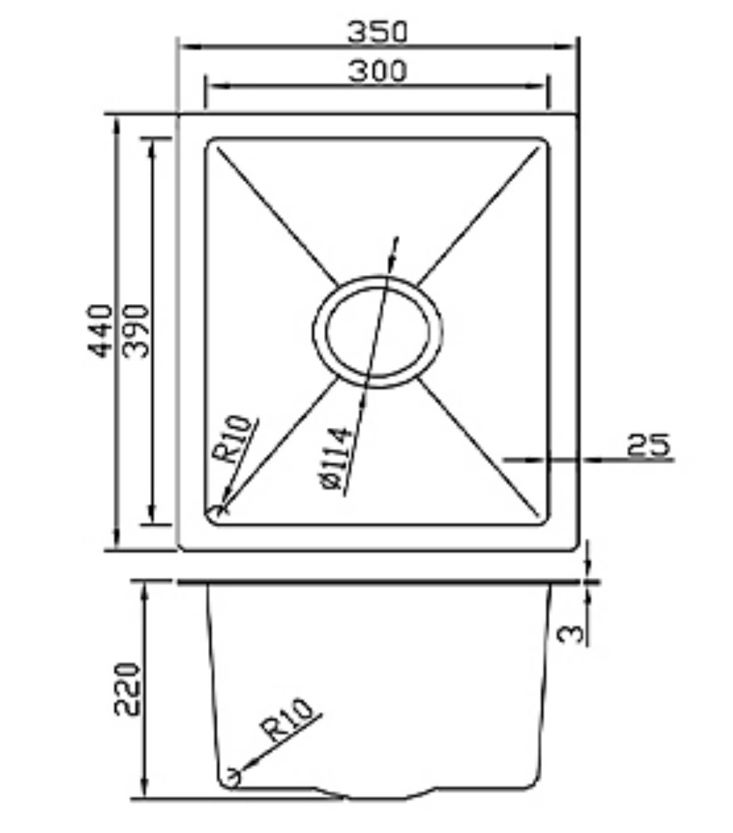 Technical drawing of a 350x440mm single bowl kitchen sink showing dimensions, R10 corners, and 220mm depth.