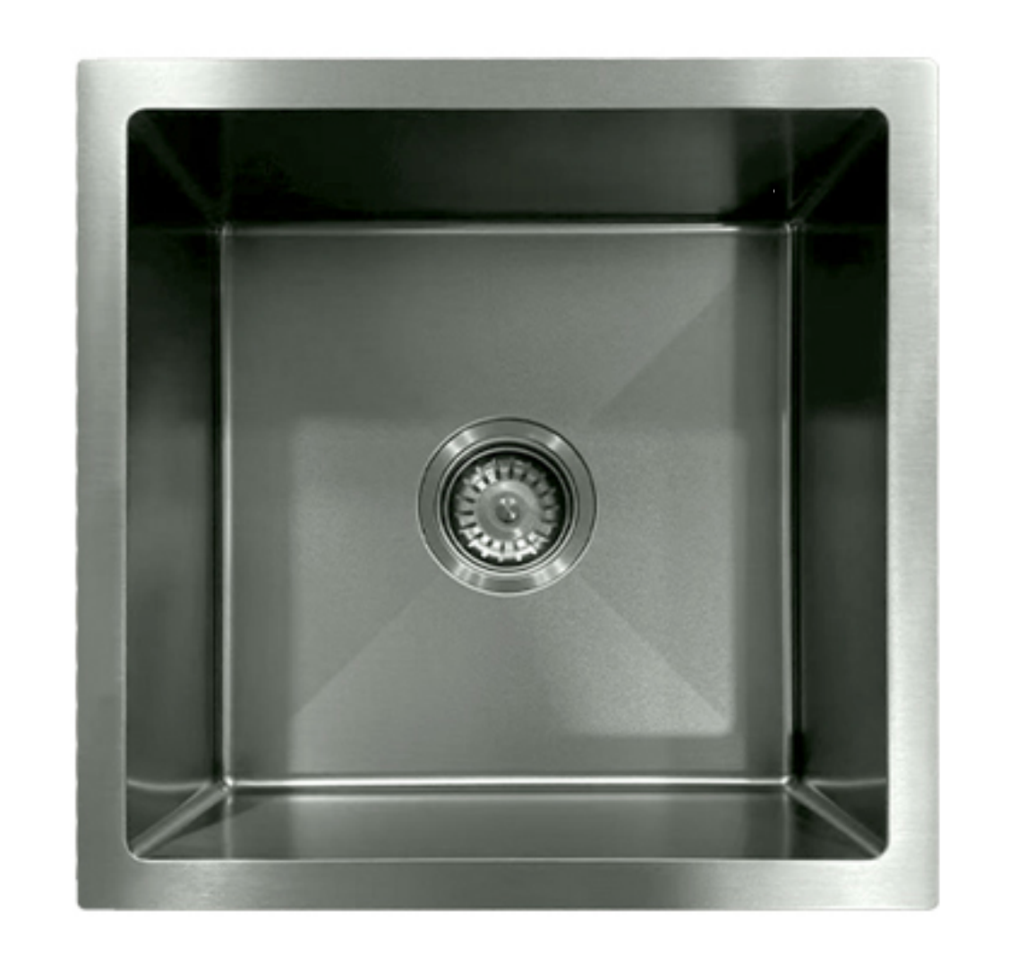 Square brushed stainless steel single bowl undermount kitchen bar sink with center drain.