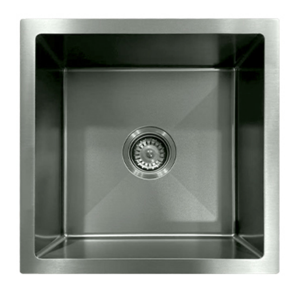 Square brushed stainless steel single bowl kitchen sink with center drain and strainer.