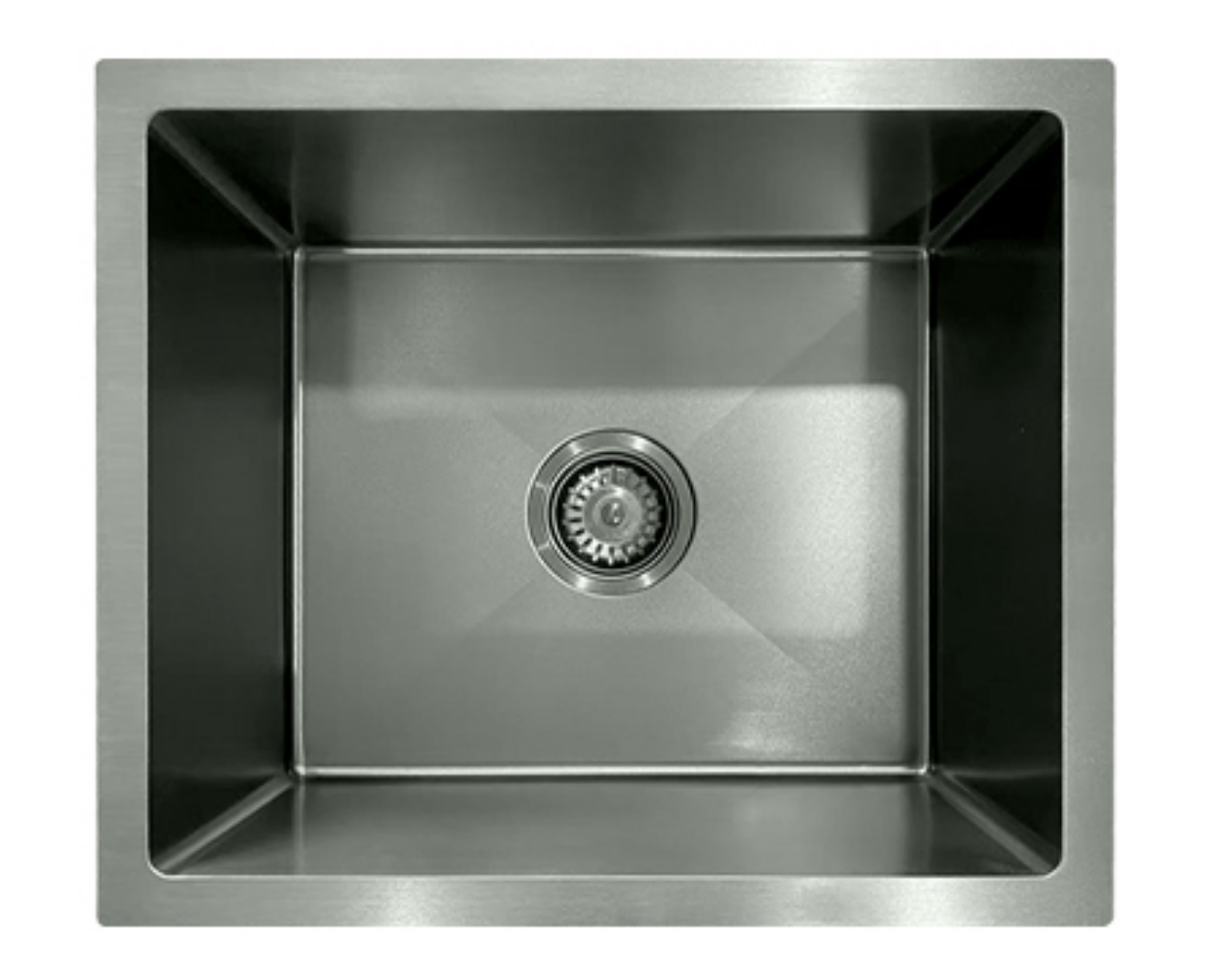 Modern brushed silver stainless steel single bowl kitchen sink with center drain and basket strainer.