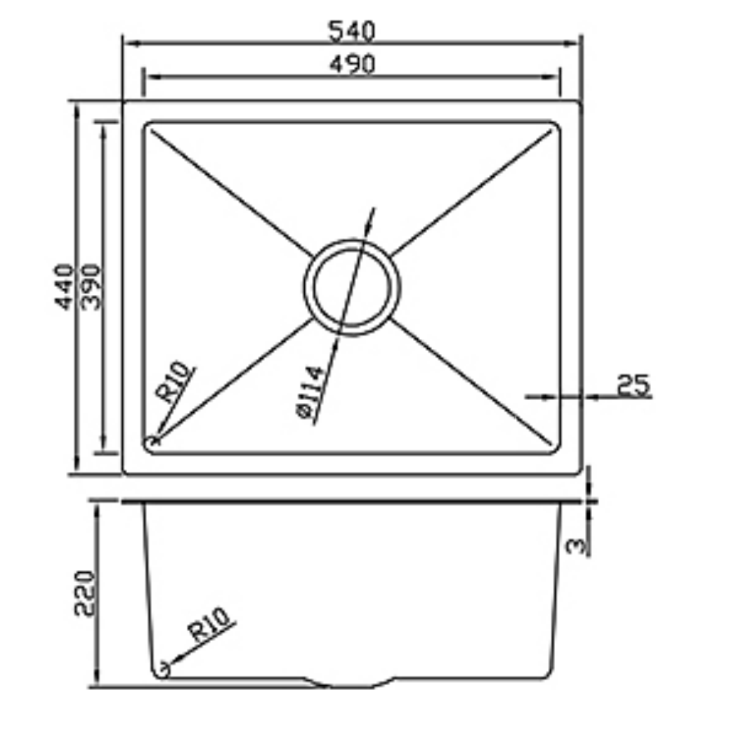 Technical drawing of a rectangular single bowl kitchen sink with dimensions 540x440mm and 220mm depth.