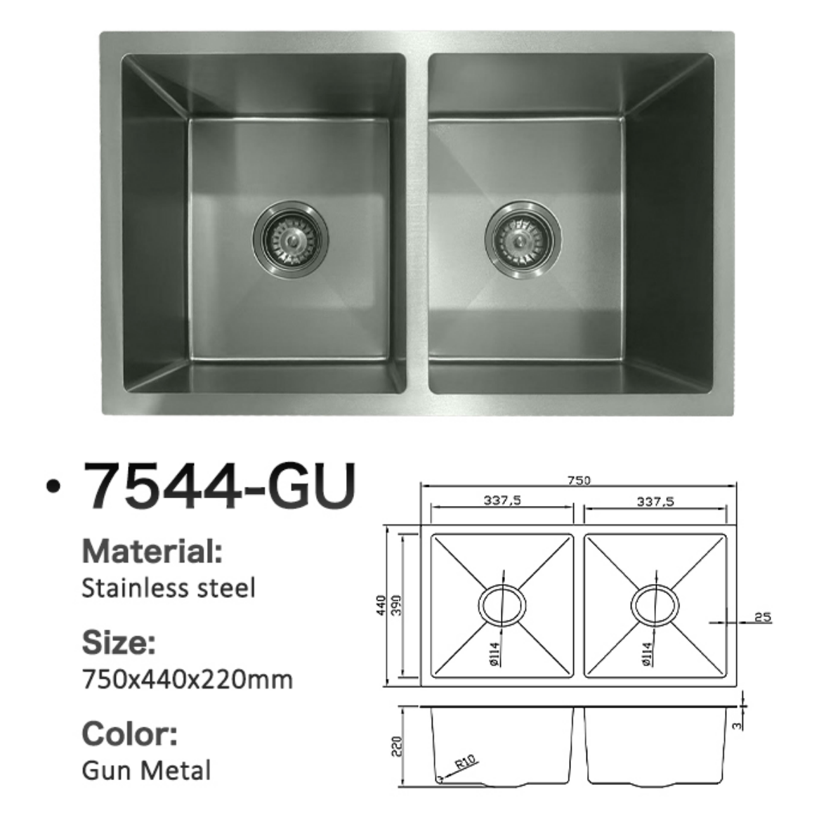 Gun metal double bowl stainless steel kitchen sink (750x440x220mm) model 7544-GU with technical dimensions.
