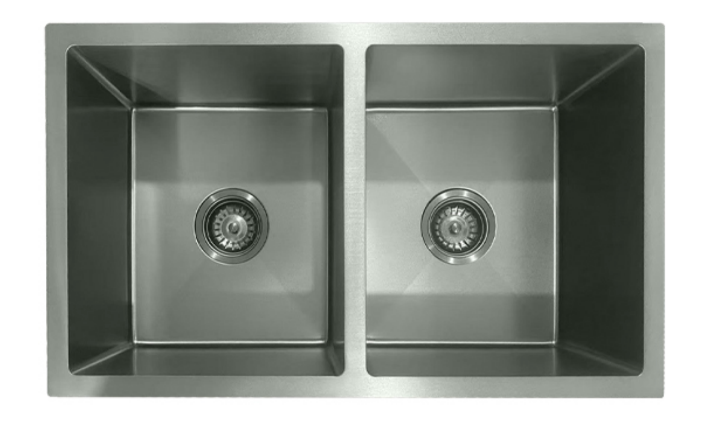 Double bowl stainless steel undermount kitchen sink with square basins and drains.