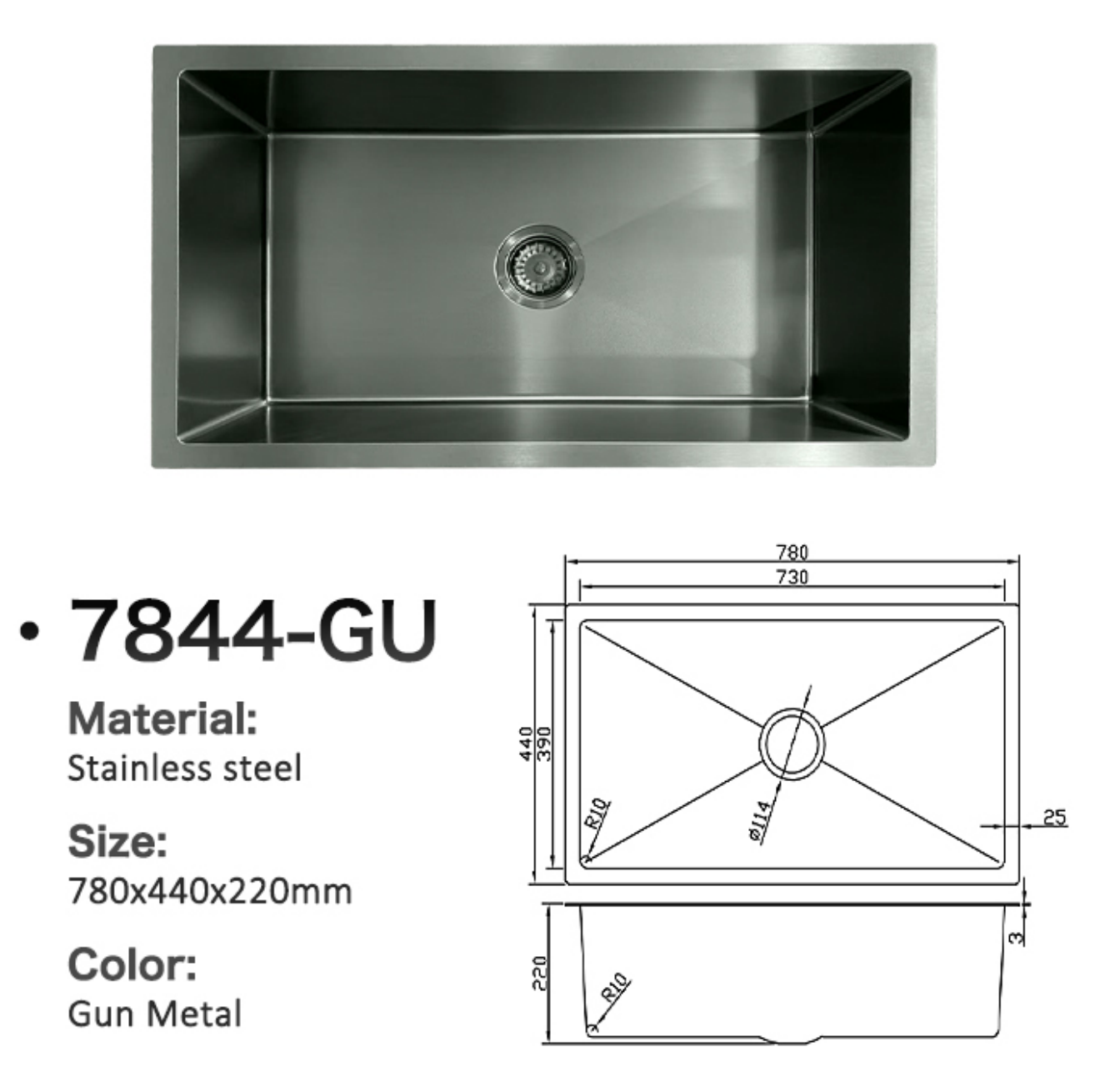 Gun Metal stainless steel single bowl kitchen sink with dimension diagram, 780x440x220mm, model 7844-GU.