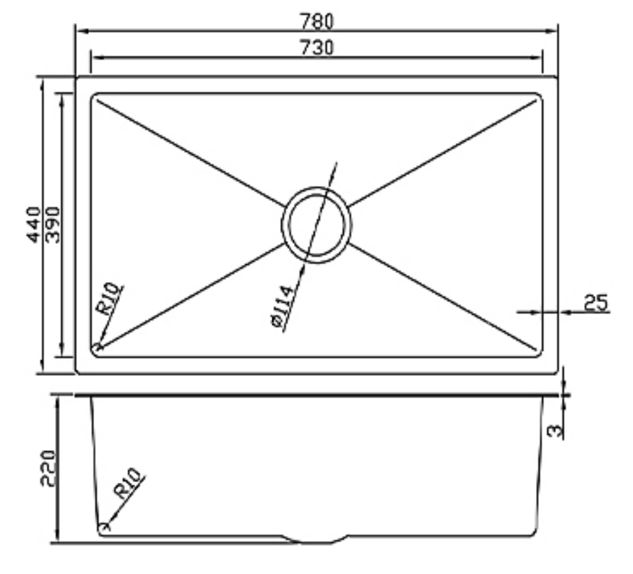 Technical dimension diagram for a 780x440mm single bowl kitchen sink showing top and side view specifications.