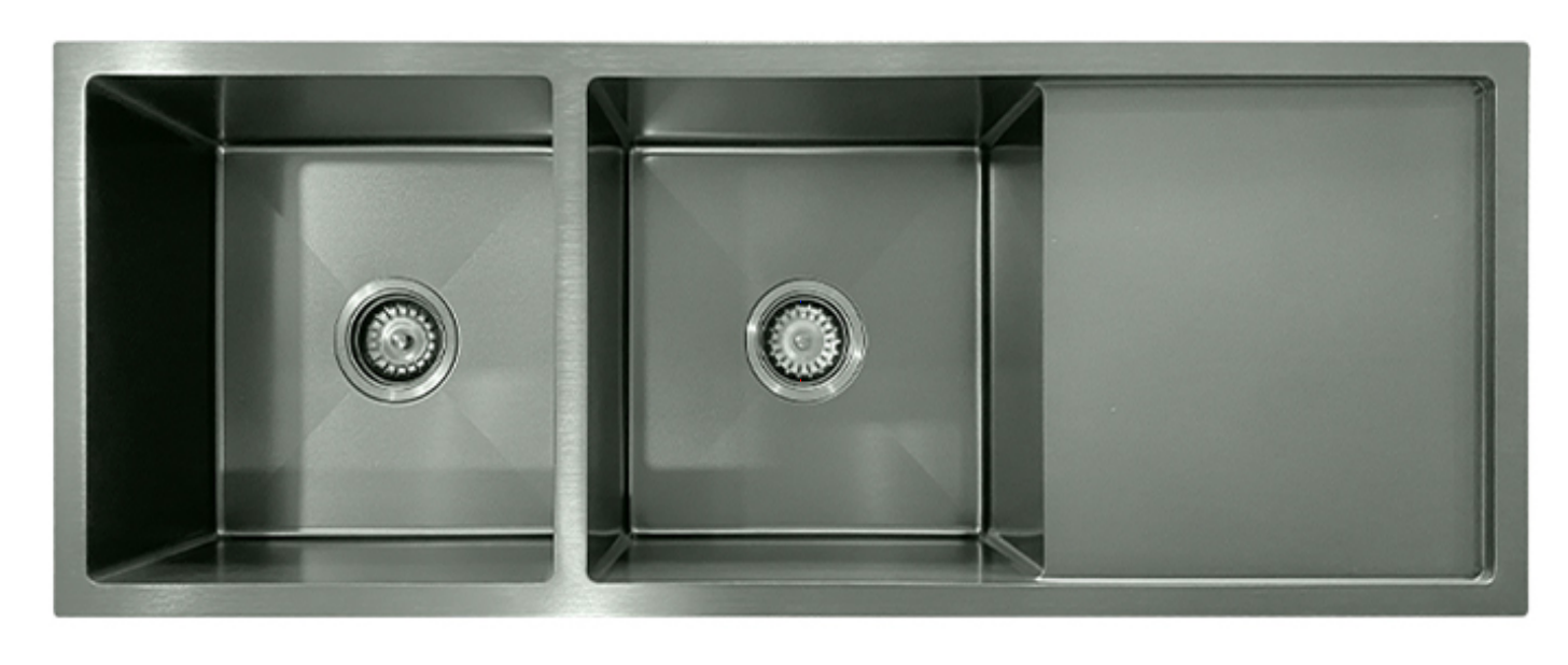 Gunmetal grey double bowl kitchen sink with integrated drainboard in brushed stainless steel.
