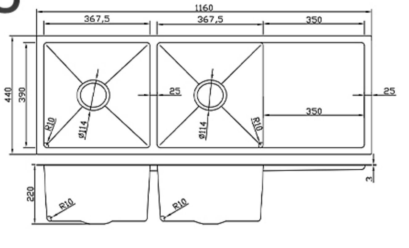Technical schematic of a double bowl kitchen sink with drainer, 1160x440mm dimensions for installation planning.