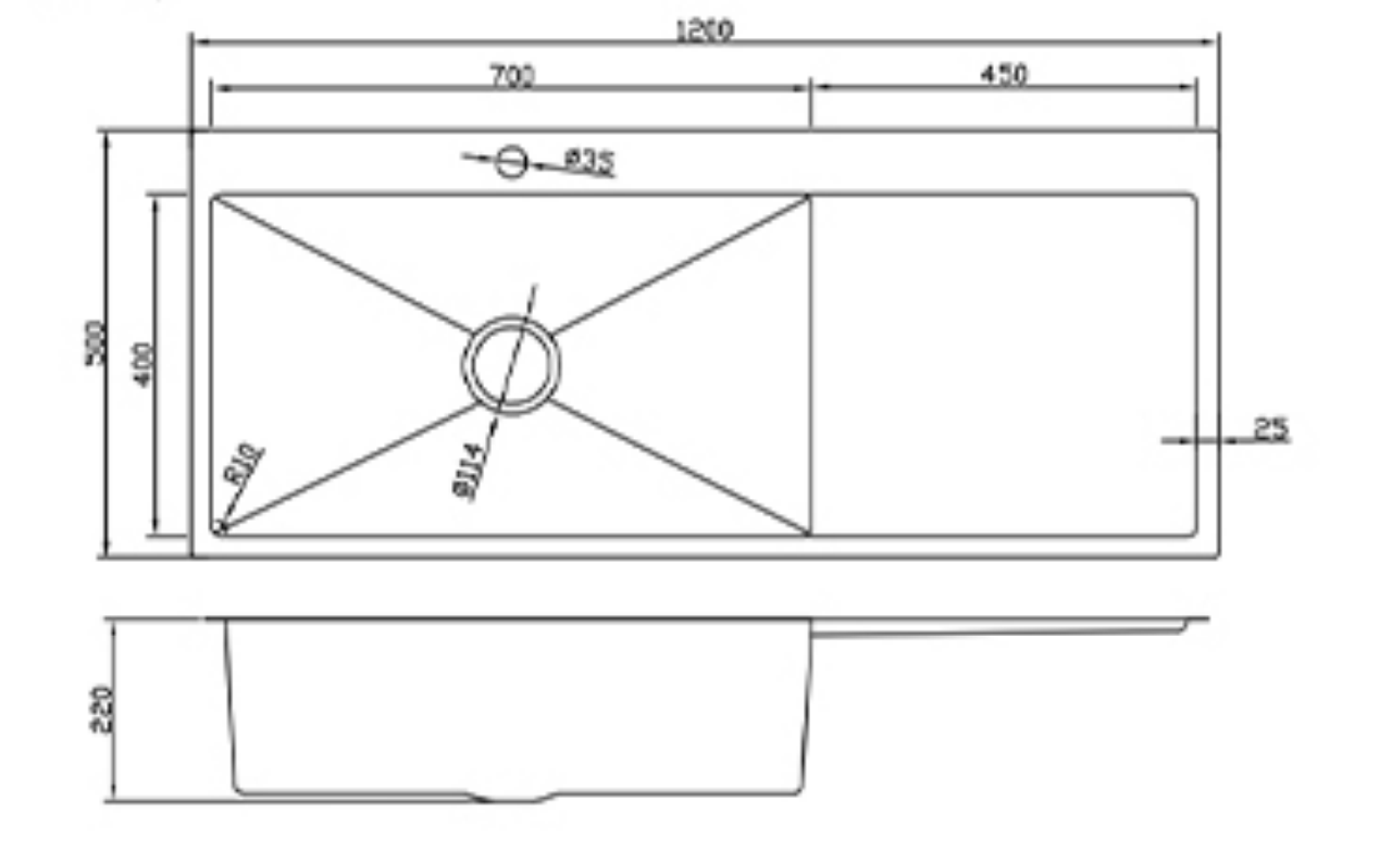 Technical diagram showing dimensions of a 1200x500mm single bowl kitchen sink with integrated drainboard.