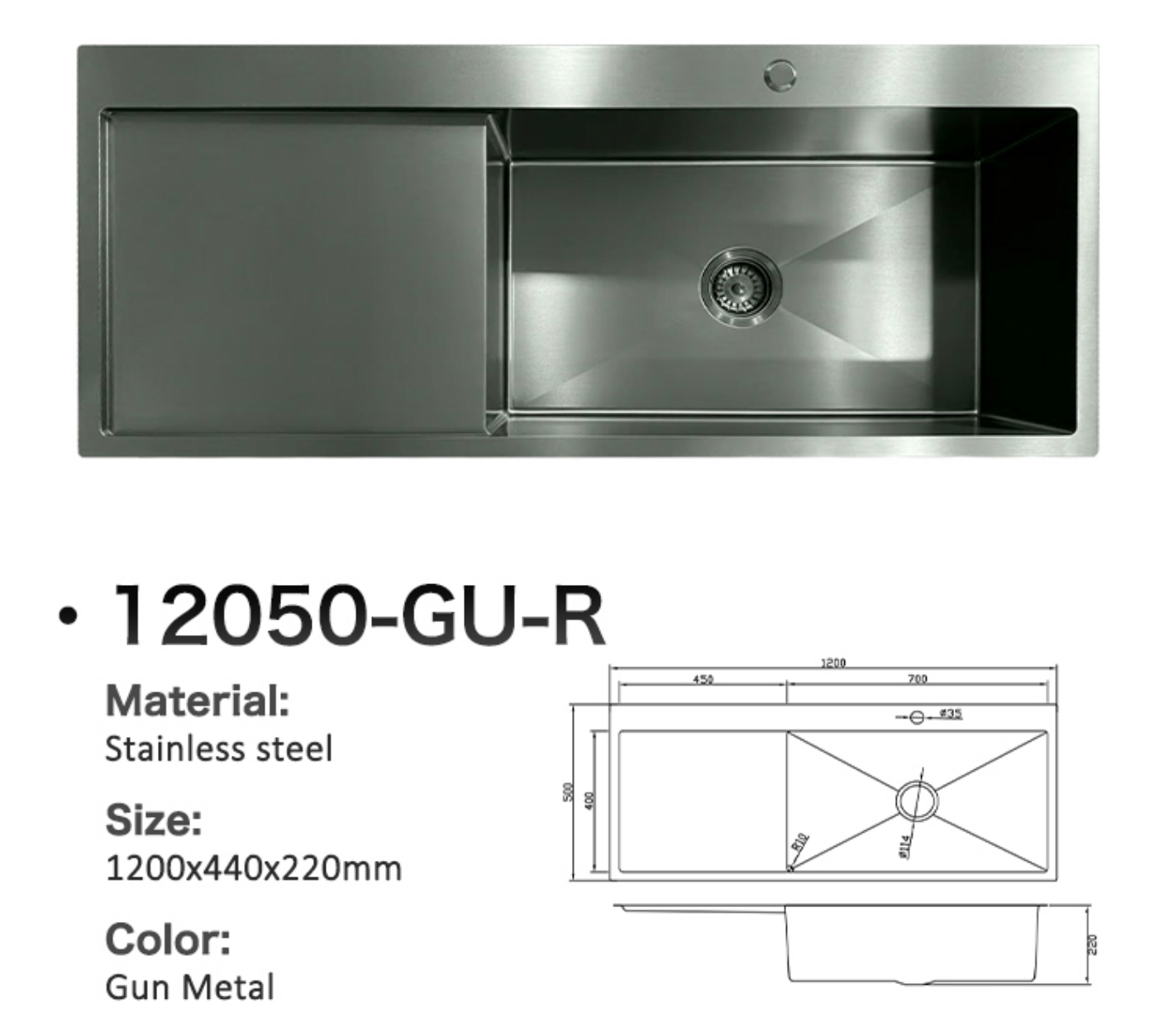 Gun metal single bowl stainless steel kitchen sink with drainboard, 1200x440x220mm, model 12050-GU-R.