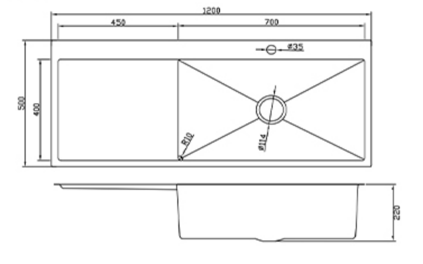 Technical drawing of a 1200mm single bowl sink with drainboard, showing dimensions, tap hole, and 220mm depth.